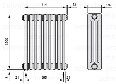 Схема (чертеж) Радиатор Zehnder Charleston 4120/9 №3570 Белый глянцевый RAL 9016